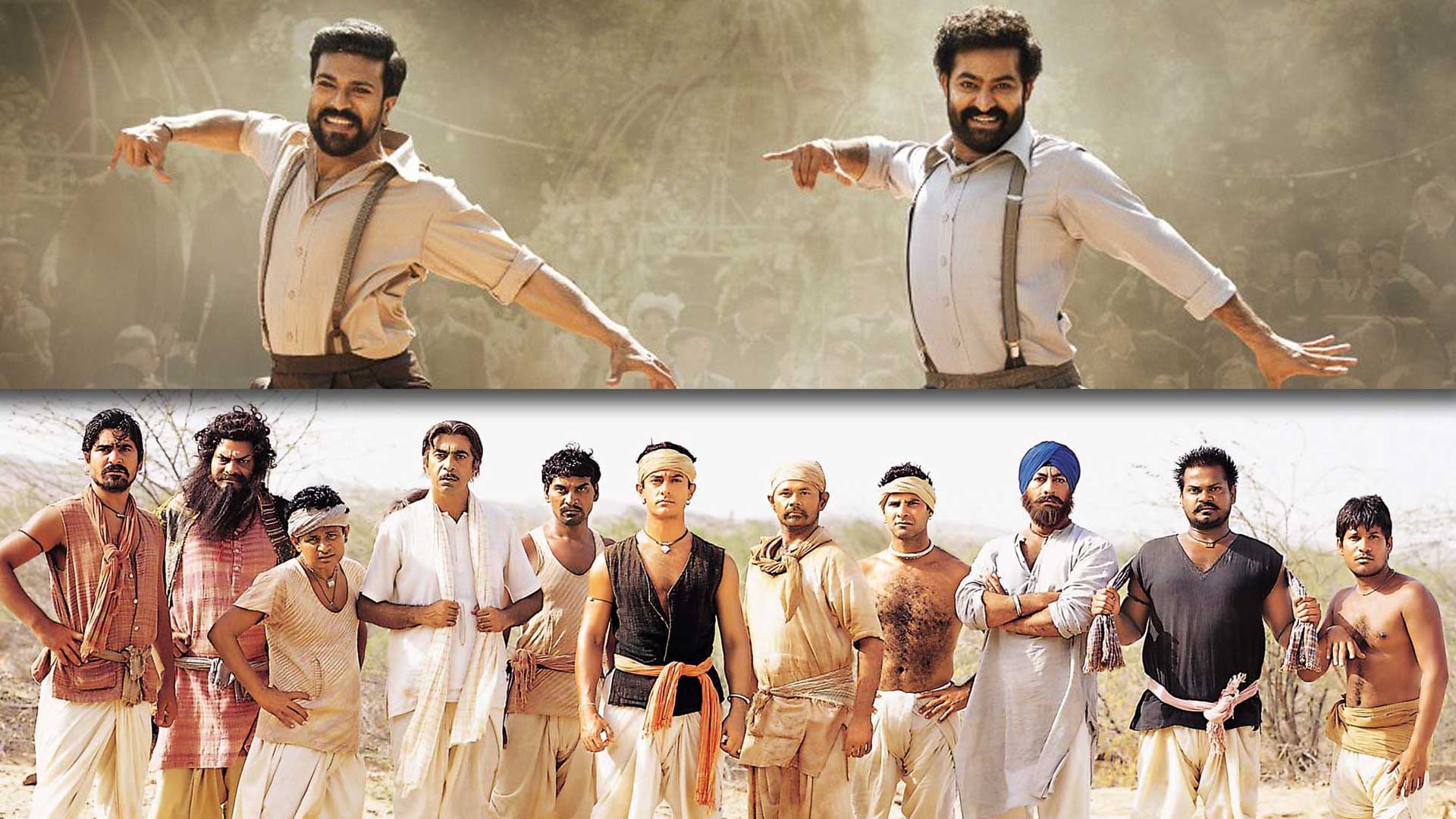 An image divided into two halves, vertically. The top half is a slice of a film still from the film "RRR" (2001), showing two dancing men in the 1920s, the main characters of the film. The lower half shows a detail of a film still from "Lagaan" (2001), showing a line of late-19th-century villagers in India.